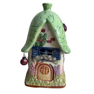 Whimsical Ceramic Cottage with Hanging Ladybugs and Flowers Summer Home Decor